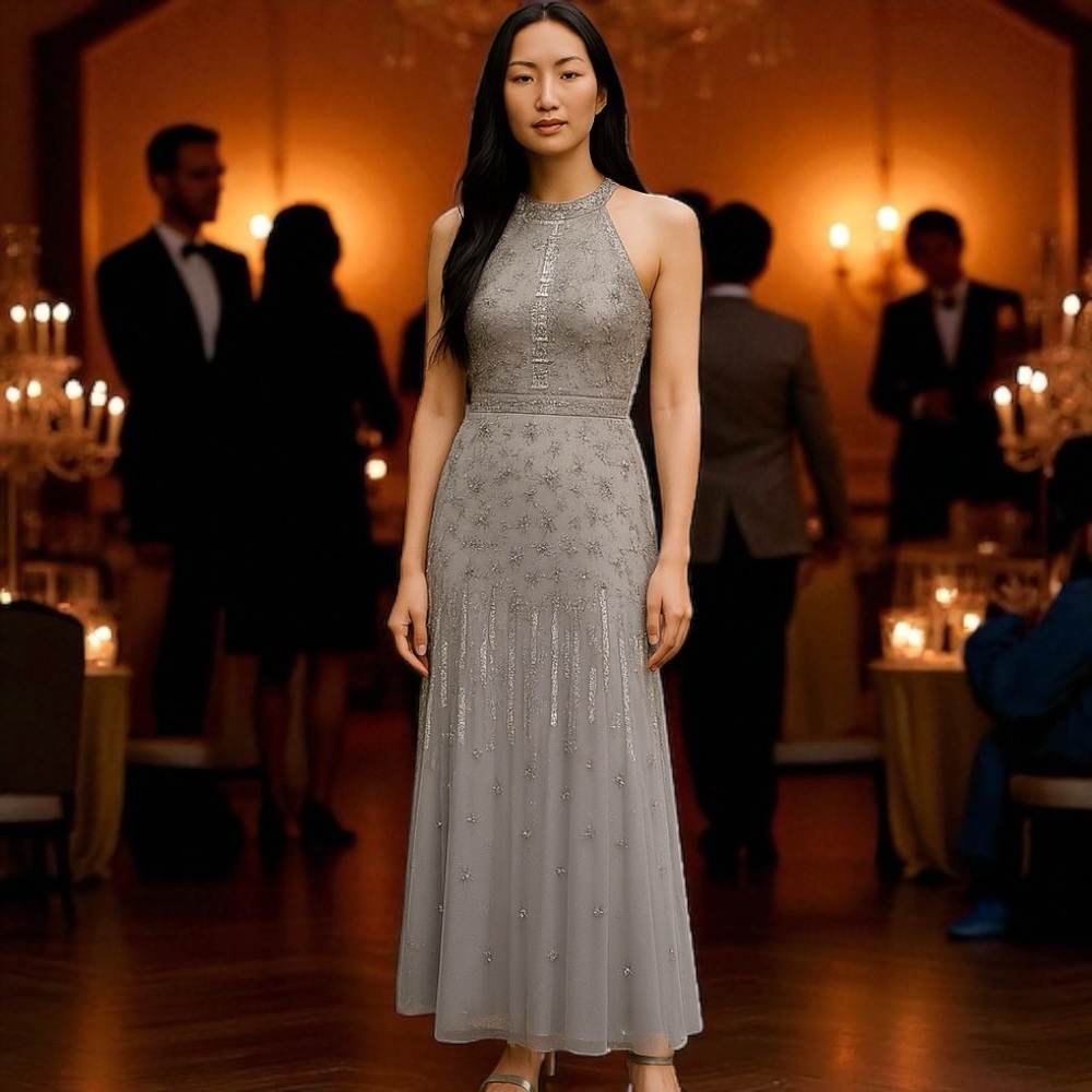 Adrianna Papell Women's Halter Beaded Dress Gown Silver 2 Maid of Honor Evening